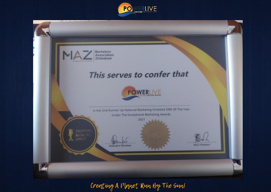 Powerlivezw's tweet photo. Powerlive Zimbabwe is honored to have been awarded as the 2nd Runner-up for the Exceptional Marketing Awards: 2021 National Marketing Oriented SME of the year by @MarketersZim #ChooseSolar #ChoosePowerliveZimbabwe #CreatingAPlanetRunByTheSun! https://t.co/5jO4SuG31K