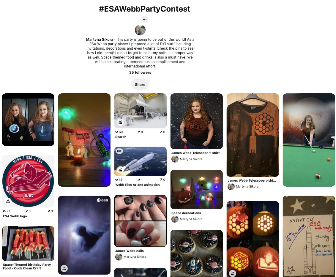 ESA_Webb's tweet photo. Hope you all had a spooktacular #Halloween this weekend! 🎃We're pleased to announce the winning @Pinterest board of our #ESAWebbPartyContest! 👇Martyna created a lot of amazing homemade Webb decorations, t-shirts, invites and more. Congratulations!🥳
https://t.co/wBpn1Q5BVa https://t.co/tD3nxFetkQ