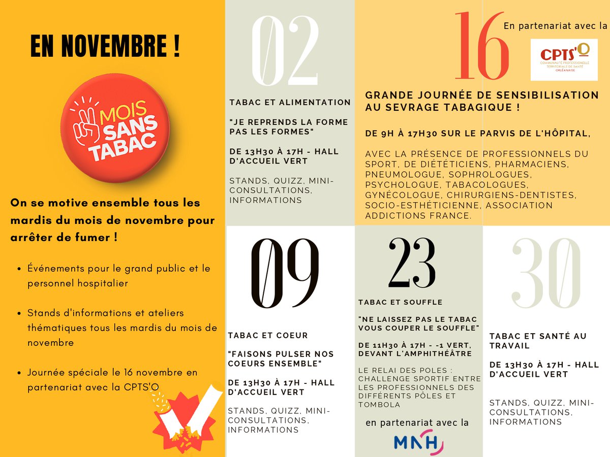 🚬 En novembre, on se motive ENSEMBLE pour arrêter de fumer 🚬
Tous les mardis de novembre, on aborde les différentes thématiques qui tournent autour du #moissanstabac.
📢 "Je reprends la forme pas les formes"
Au programme 👉 stands, quizz, mini-consultations, informations