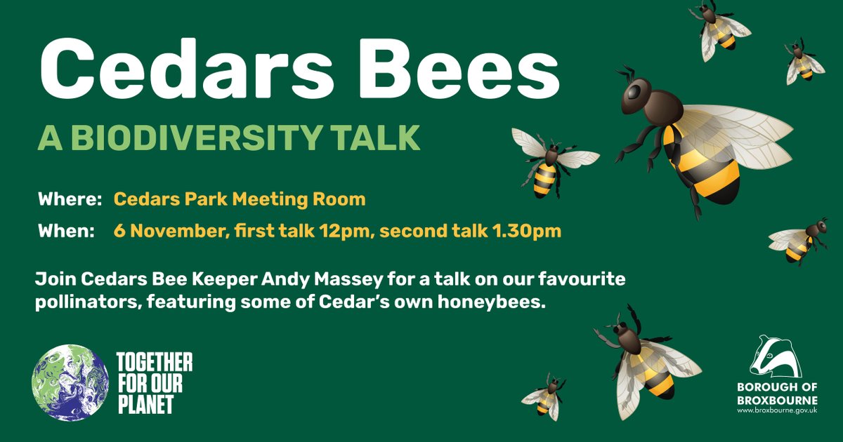 BroxbourneBC's tweet photo. Cedars Bees - A Biodiversity Talk 🐝

Join Friends of Cedars Park member and Cedars Bee Keeper Andy Massey for a talk on our favourite pollinators, the honey bee.

☑️ Learn more about this event and other #COP26 events here: https://t.co/QNIzbssK1p https://t.co/4YDjEJ4Kk1