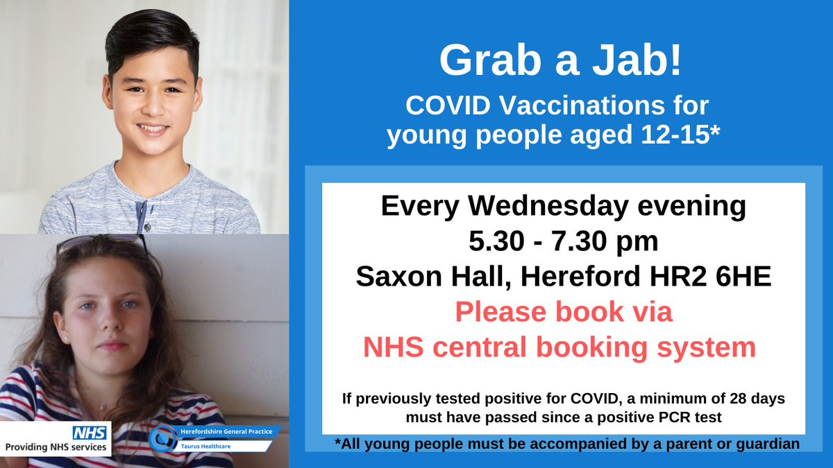 TaurusHlthCare's tweet photo. COVID Vaccinations available this Wednesday evening for 12-15 year olds in Herefordshire. 
Please book via the NHS central booking system: 
https://t.co/OY0870jJY5
@HW_CCG @HfdsCouncil https://t.co/1B27jwRaQ7