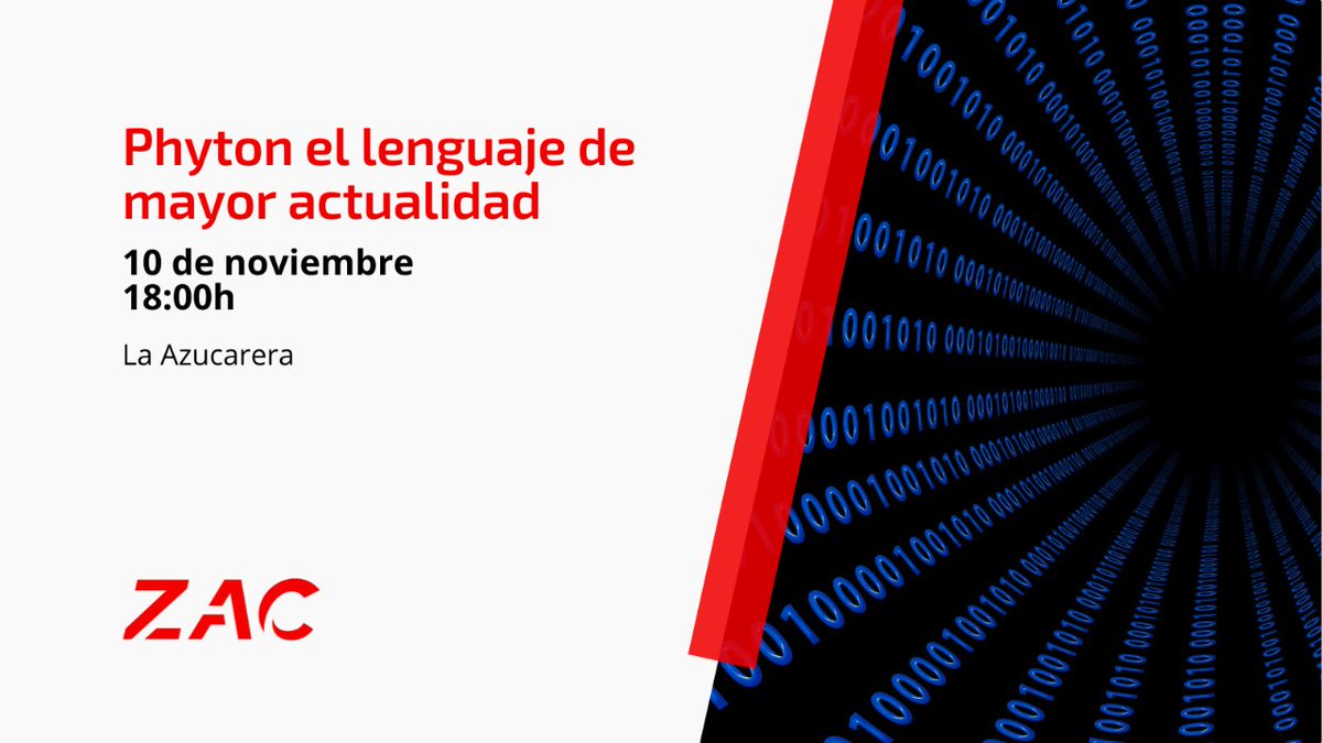 Zaragoza Activa (@zgzactiva) on Twitter photo 𝐈𝐧𝐭𝐫𝐨𝐝𝐮𝐜𝐜𝐢𝐨́𝐧 𝐚 𝐥𝐚𝐬 𝐛𝐚𝐬𝐞𝐬 𝐝𝐞 𝐥𝐚 #𝐩𝐫𝐨𝐠𝐫𝐚𝐦𝐚𝐜𝐢𝐨́𝐧 𝐞𝐧 #𝐏𝐲𝐭𝐡𝐨𝐧
👉 La Azucarera
10 noviembre 18h
con <a href="/InarTecnologias/">Inar Tecnologías</a>
⚠ 𝙋𝙝𝙮𝙩𝙤𝙣 𝙚𝙡 𝙡𝙚𝙣𝙜𝙪𝙖𝙟𝙚 𝙙𝙚 𝙢𝙖𝙮𝙤𝙧 𝙖𝙘𝙩𝙪𝙖𝙡𝙞𝙙𝙖𝙙
A͟p͟ú͟n͟t͟a͟t͟e͟ ✅ bit.ly/10NOVPhyton 𝐈𝐧𝐭𝐫𝐨𝐝𝐮𝐜𝐜𝐢𝐨́𝐧 𝐚 𝐥𝐚𝐬 𝐛𝐚𝐬𝐞𝐬 𝐝𝐞 𝐥𝐚 #𝐩𝐫𝐨𝐠𝐫𝐚𝐦𝐚𝐜𝐢𝐨́𝐧 𝐞𝐧 #𝐏𝐲𝐭𝐡𝐨𝐧
👉 La Azucarera
10 noviembre 18h
con <a href="/InarTecnologias/">Inar Tecnologías</a>
⚠ 𝙋𝙝𝙮𝙩𝙤𝙣 𝙚𝙡 𝙡𝙚𝙣𝙜𝙪𝙖𝙟𝙚 𝙙𝙚 𝙢𝙖𝙮𝙤𝙧 𝙖𝙘𝙩𝙪𝙖𝙡𝙞𝙙𝙖𝙙
A͟p͟ú͟n͟t͟a͟t͟e͟ ✅ bit.ly/10NOVPhyton