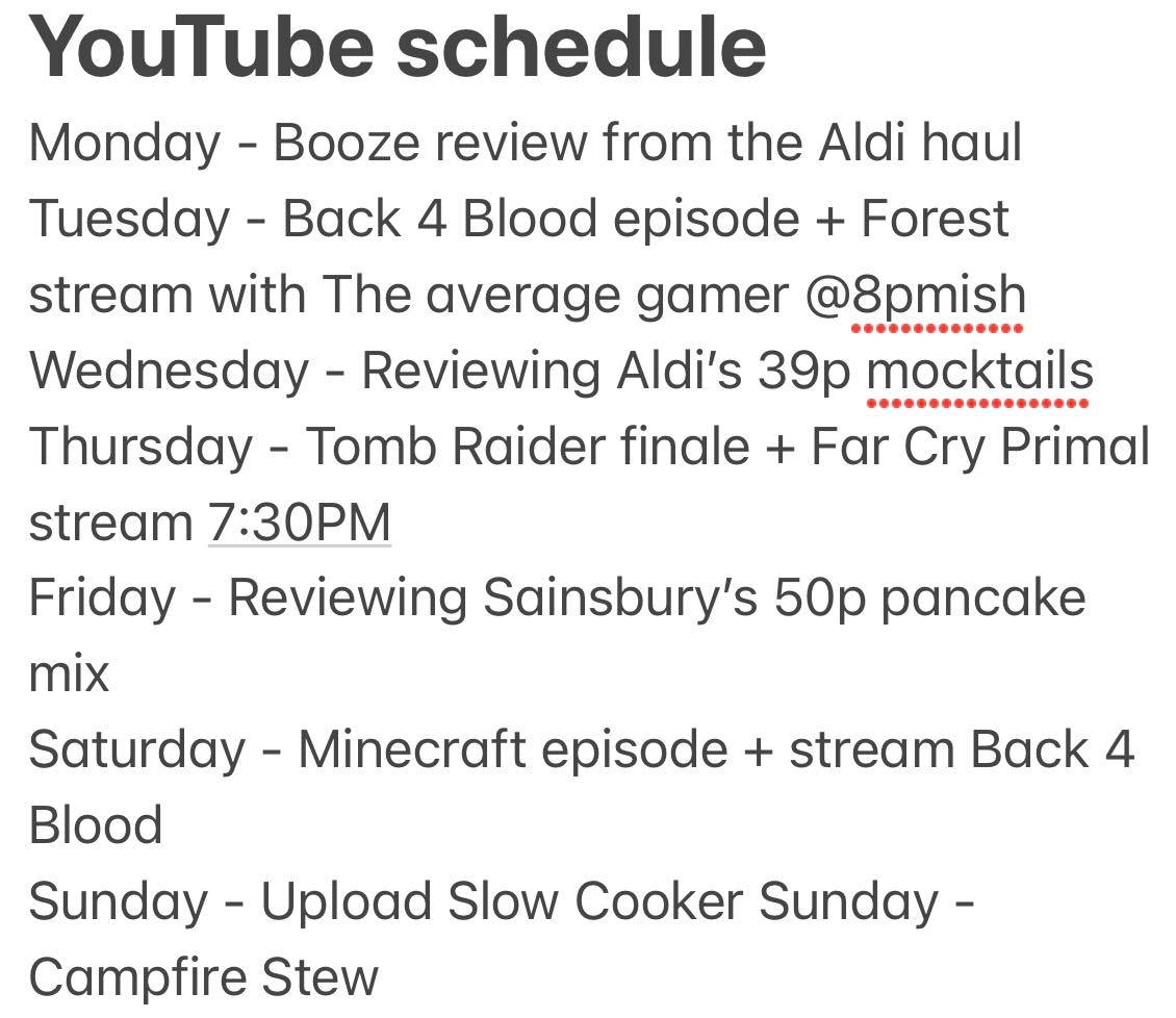 letsdoitno1's tweet photo. This weeks #youtubeschedule (link in my bio) #boozereview #aldiuk #aldispecialbuys #back4blood #livestreams #theforestgame #farcry #farcryprimal #tombraider #youtubegamer #youtubestreamer #sainsburys #minecraft #slowcookerrecipes #slowcookermeals #SmallStreamerConnect https://t.co/valrih9k6b
