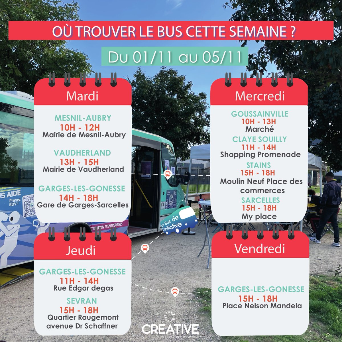 [AGENDA DU BUS]
Retrouvez le calendrier de la semaine du bus de l'initiative 🚌
Le bus parcourra les villes de Vaudherland, le Mesnil-Aubry, <a href="/VilledeGarges/">Ville de Garges</a>, <a href="/goussainville95/">Ville Goussainville</a>, Claye-Souilly, <a href="/VilledeStains/">Ville de Stains</a>, <a href="/VilleSarcelles/">Ville de Sarcelles</a> et <a href="/Sevranville/">Ville de Sevran</a>
#busdelinitiative #associationcreative
