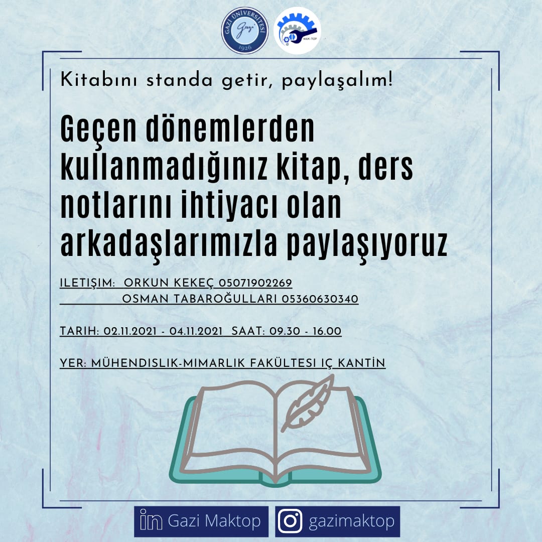 Herkese merhaba 😊Kullanmadığımız kitapları, ders notlarını ve materyalleri bölümümüz öğrencileri arasında paylaşıyoruz. Siz de katılmak isterseniz belirlenen tarihler içerisinde standımıza kitap bırakabilir ve ihtiyacınız olan kitabı alabilirsiniz. 📚📖