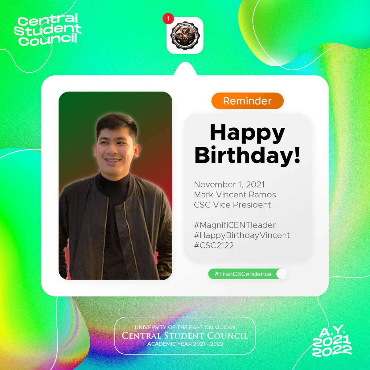 UECSC_Official's tweet photo. Happy Birthday to the CSC's Vice President, Mark Vincent Ramos!🎉
#MagnifiCENTleader
#HappyBirthdayVincent
#TranCSCendence
#CSC2122 https://t.co/0HIym1Etk4