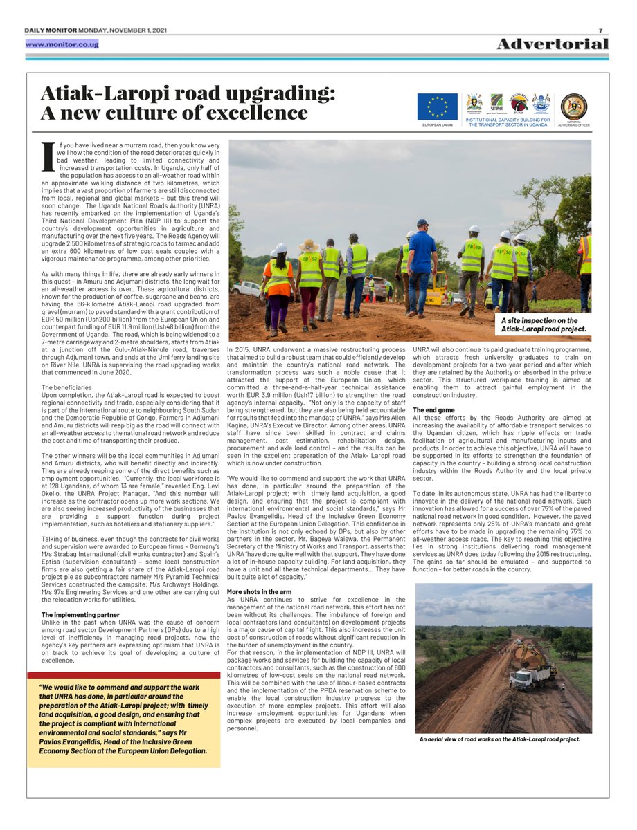 EUinUG's tweet photo. Our 🇪🇺 cooperation with @GovUganda 🇺🇬is funding the upgrading of the 66km Atiak-Laropi road. The successful preparation of this project by @UNRA_UG is a testament of the strong foundational capacity within the institution to deliver road management services with efficiency. https://t.co/Pjxv4WWqma