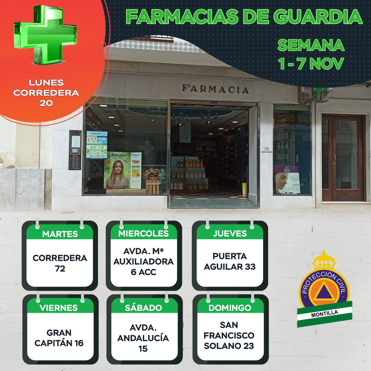 ⬆️⬆️⬆️ Farmacias de guardia ⬆️⬆️⬆️
Semana del 01 al 07 de noviembre. 
.
🟠 Infórmate
✅ Comparte
.
.
#proteccioncivil #voluntarios #farmacia #farmaciasdeguardia #Montilla #noviembre #likes #followers #instagram #f #divulga #followme #instagood #comparte