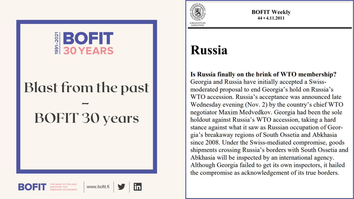 Is Russia finally on the brink of WTO membership? Georgia and Russia have initially accepted a Swiss-moderated proposal to end Georgia’s hold on Russia’s WTO accession. Russia’s acceptance was announced late Wednesday evening (Nov. 2). #BOFIT30

https://t.co/rskLMfUig2 https://t.co/QmogAx37V3