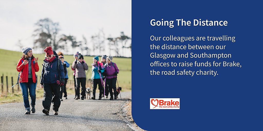 Ahead of #RoadSafetyWeek later this month, our colleagues are walking, running, cycling or swimming 430 miles to fundraise for @BrakeCharity. That’s the distance between our Glasgow and Southampton offices. Find out more: bit.ly/3En2EY5  #GoingTheDistance