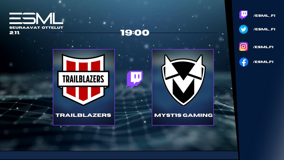 Tänään tarjolla Lappeenranta-Kuopio kunnallisottelu, kun <a href="/FI_Trailblazers/">Trailblazers esports</a> kohtaa <a href="/Myst1sGaming/">Myst1s Gaming</a> :n striimissä🔥

⏰ 19:00
📺 twitch.tv/esml_fi

<a href="/enhanced_gg/">ENHANCED</a> VS <a href="/Gaming_Barracks/">Gaming Barracks</a> pelattiin poikkeuksellisesti su, ja päättyi 1-1

#esml #csgofi #esportsfi