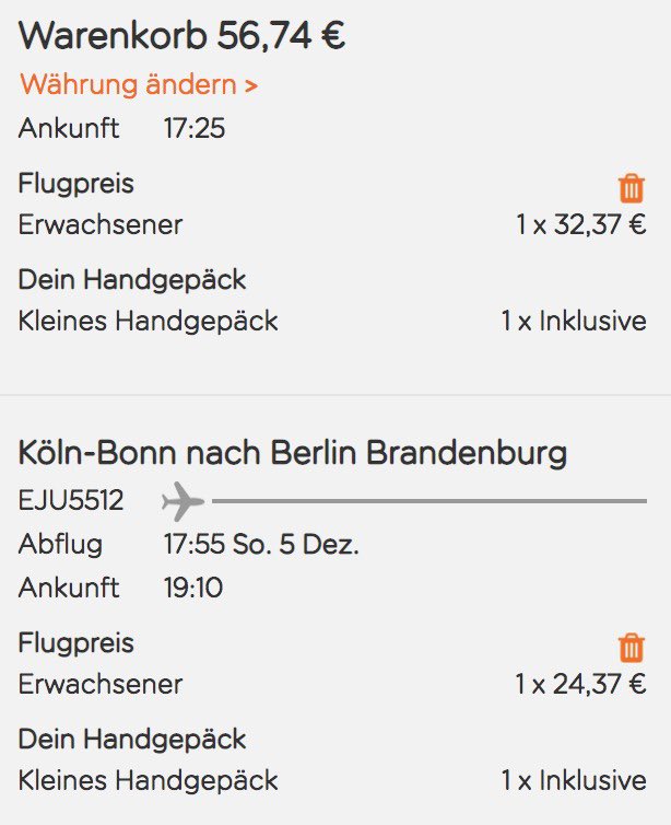 Selber Tag, selbe Strecke. 

🚂 Deutsche Bahn kostet 103,80€ 
(Super Sparpreis ohne Sitzplatz)

✈️ EasyJet kostet 56,74€ 

Lasse das einfach mal so stehen.