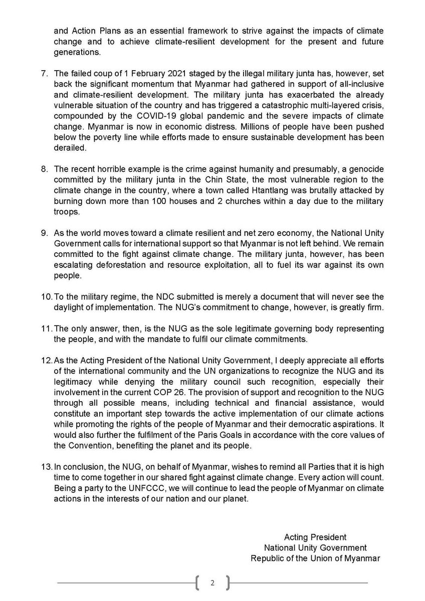 DuwaLashiLa's tweet photo. Message sent by the Hon. Mr. Duwa Lashi La, Acting President of the National Unity Government of the Republic of the Union of Myanmar for the 26th Conference of Parties to the United Nations Framework Convention on Climate Change (#UNFCCC) Glasgow, United Kingdom, November 2021 https://t.co/S33SewVtoW