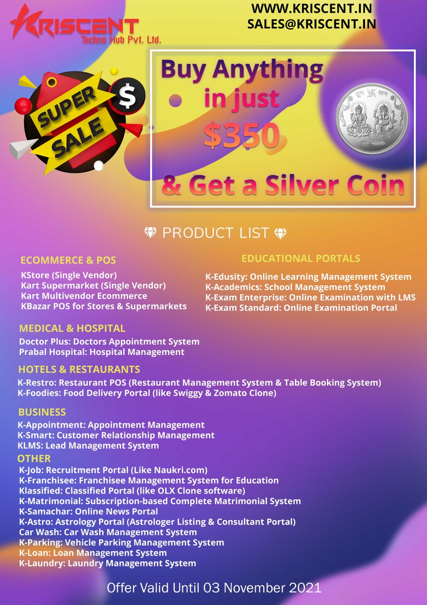 mahendrakumarve's tweet photo. Start a new business on this Diwali and get any portal in just $350 and get a Silver Coin also.
BUY NOW
Offer valid until 03 November 2021
CONTACT US
https://t.co/zFoHsiJRBP
sales@kriscent.in
+91-724-056-0001, +91894-702-7625
#Diwali #diwalioffer #kriscent #Offers #ecommer https://t.co/Dt0XWtr8Jb