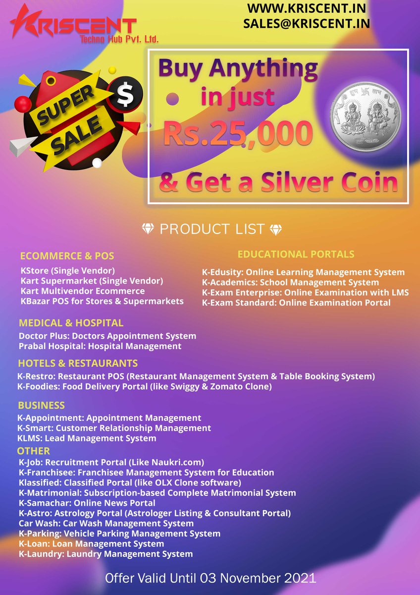 mahendrakumarve's tweet photo. Start a new business on this Diwali and get any portal in just Rs.25,000/- and get a Silver Coin also.
BUY NOW
Offer valid until 03 November 2021
CONTACT US
https://t.co/zFoHsiJRBP
sales@kriscent.in
+91-724-056-0001, +91894-702-7625
#Diwali #diwalioffer #kriscent #Offers #ecommer https://t.co/dehZmKWuCO