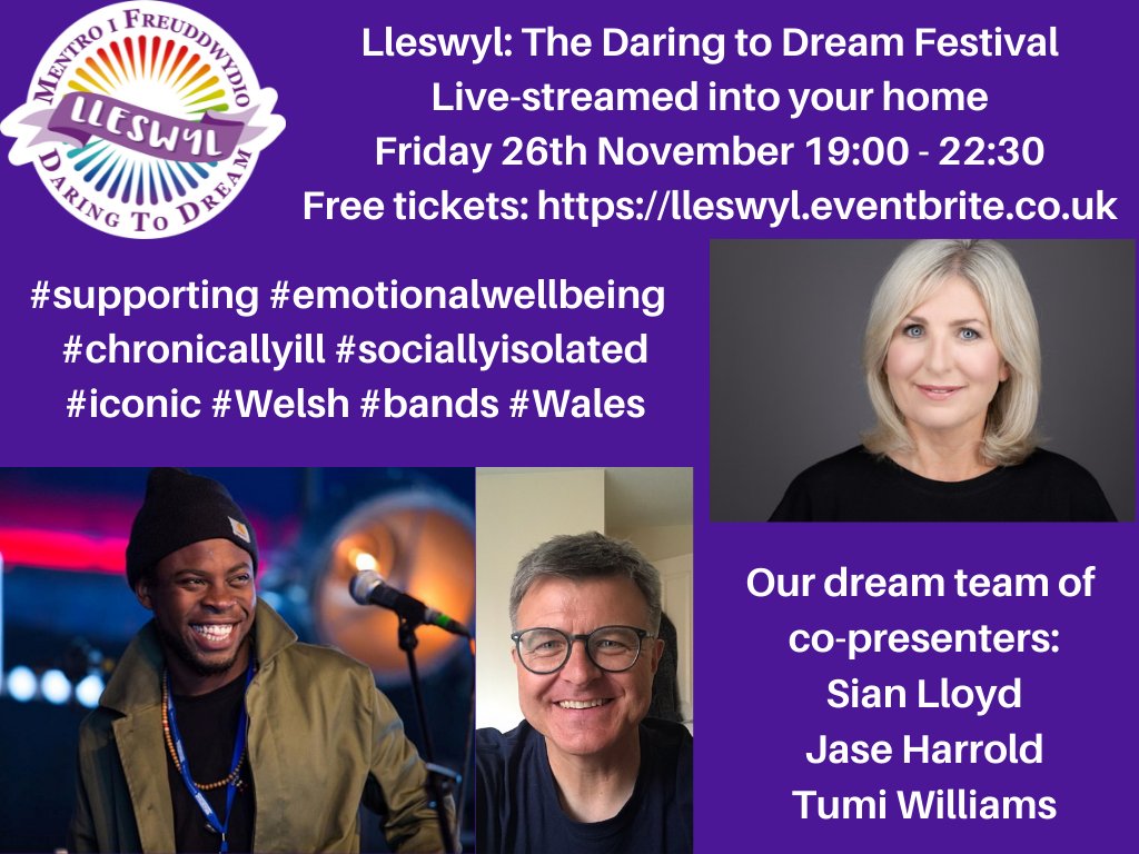 DaringtoDream5's tweet photo. #Llewyl2021 - We are delighted to announce our #dreamteam of #Lleswyl #presenters @sianlloydnews @jason_harrold @Skunkadelicuk @afrocluster #amazinglineup - get your free tickets from https://t.co/xr49Am1XUQ - supporting #welbeing #chronicallyill #Wales #free #inclusive https://t.co/nn5n3PB5IN