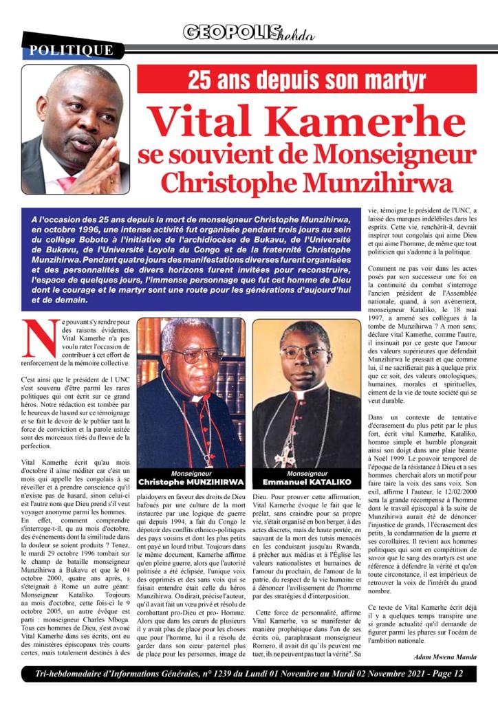 angembala16's tweet photo. 25 ans depuis son martyr : @VitalKamerhe1 se souvient de Monseigneur #Christophe #Munzihirwa. https://t.co/KFm19nVnQi