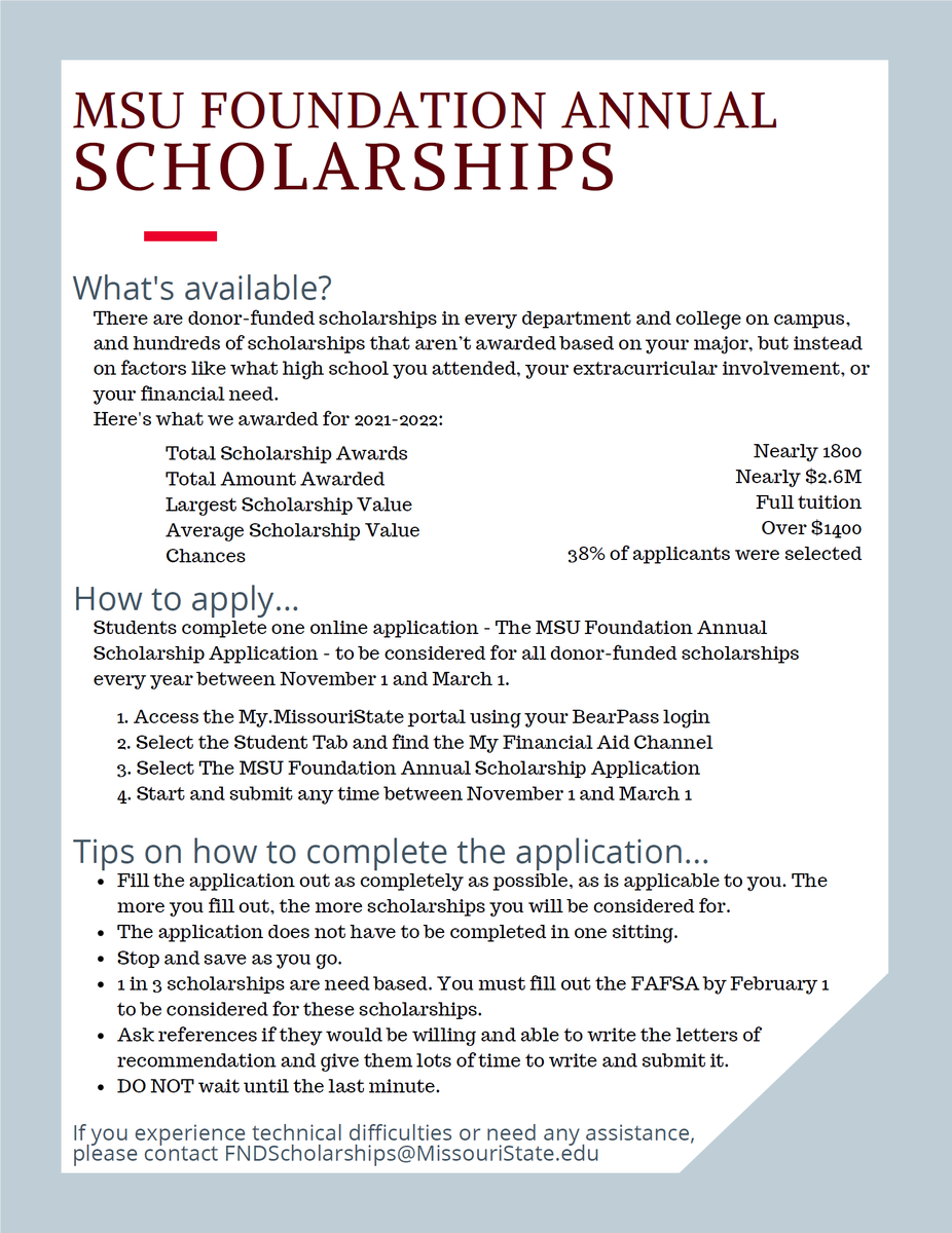 The application for the <a href="/FoundationMSU/">Missouri State Fdn</a> Annual Scholarships opens today, 11/1 &amp; is open to 3/1/22. Don't wait to complete the application! Log into your my.missouristate.edu portal, find the My Financial Aid channel and select the Foundation application. <a href="/MSU_FinAid/">Missouri State Financial Aid</a>