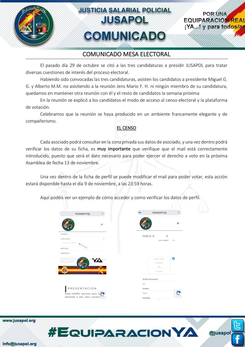 NatanEspinosa2's tweet photo. La mesa electoral de JUSAPOL ha dado las instrucciones para las votaciones del día 12 de noviembre

Para poder votar debes verificar tu mail en el enlace👇 https://t.co/QEKGpRyJhJ

YO AVALO LA CANDIDATURA #ADNJusapol🛡

Jens, Juan Quirós, Fernando,Miguel y Villota #EquiparacionYa https://t.co/maVhKgQ40P