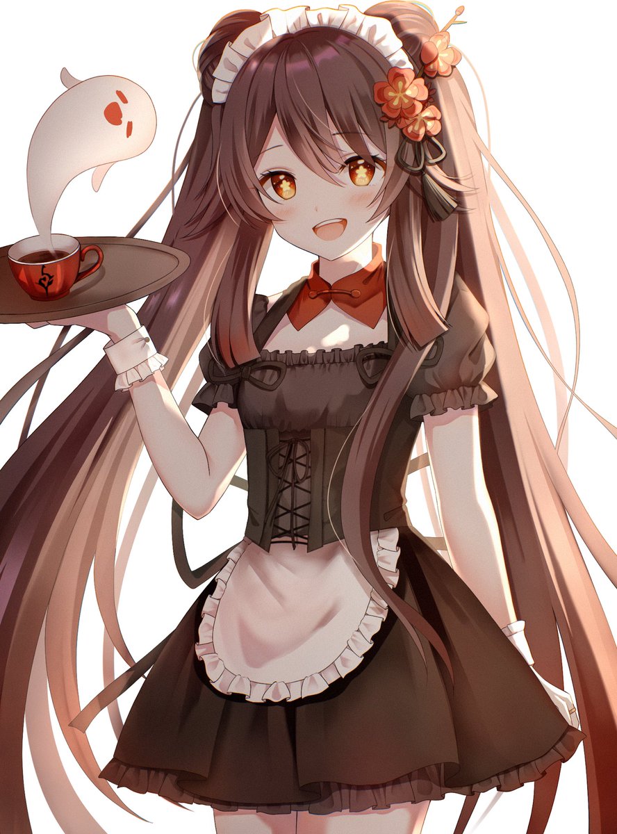 hu tao (genshin impact) 1girl brown hair twintails maid headdress ghost maid symbol-shaped pupils  illustration images