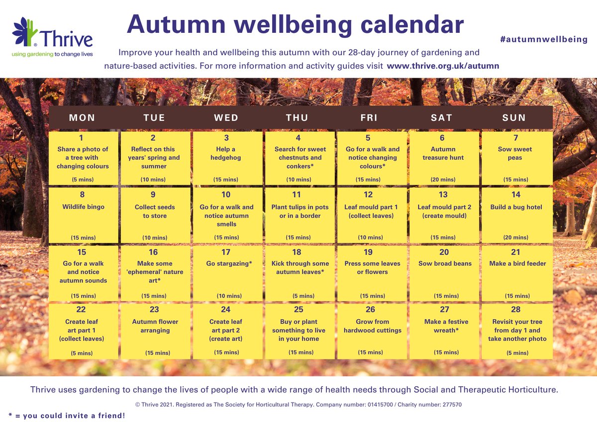 WyevaleNurs's tweet photo. Will you be taking part in @thrivecharity's  #autumnwellbeing challenges? It’s a fantastic way to #connect with nature and to add a simple daily boost to your #health and wellbeing this season! https://t.co/4xCrpgK5VR