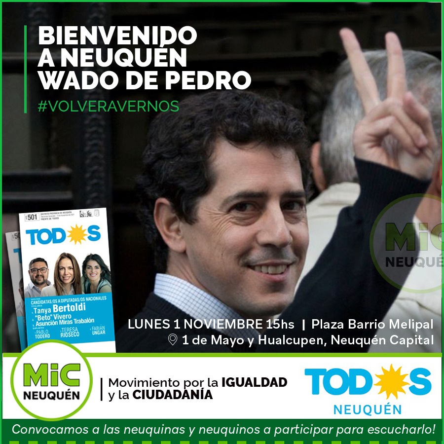 Secjuvydiver's tweet photo. ¡Bienvenido, Wado! 

Wado de Pedro, Ministro del Interior de la Nación, está en Neuquén. 

Entendemos que es necesario militar para reforzar el gobierno de Alberto y Cristina. 

Este lunes a las 15 horas, venite al barrio Melipal a escucharlo. 

#VolverAVernos
#SiempreEnAcción https://t.co/QI1GdHBjez