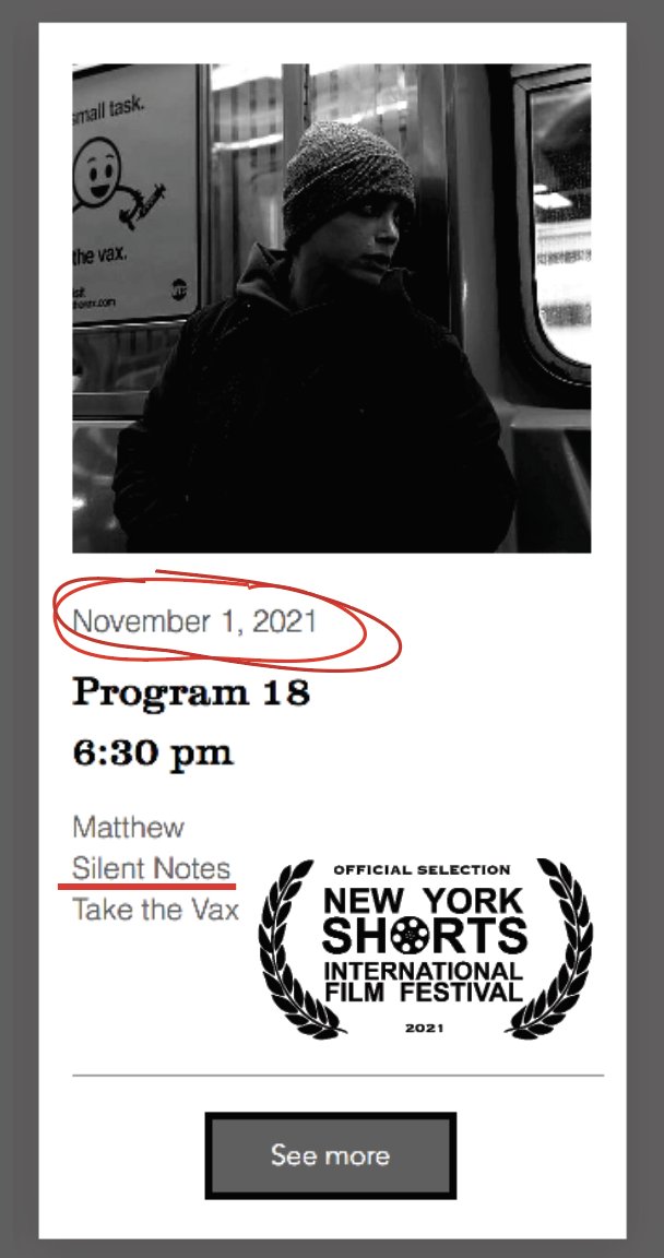 Kiki_Tsakalakis's tweet image. TONIGHT NYC! PROGRAM 18! @NYshorts!🎬Come and support this mighty film fest and watch our films at the @cinema_village. #nyshorts #nyshorts2021 #SilentNotes