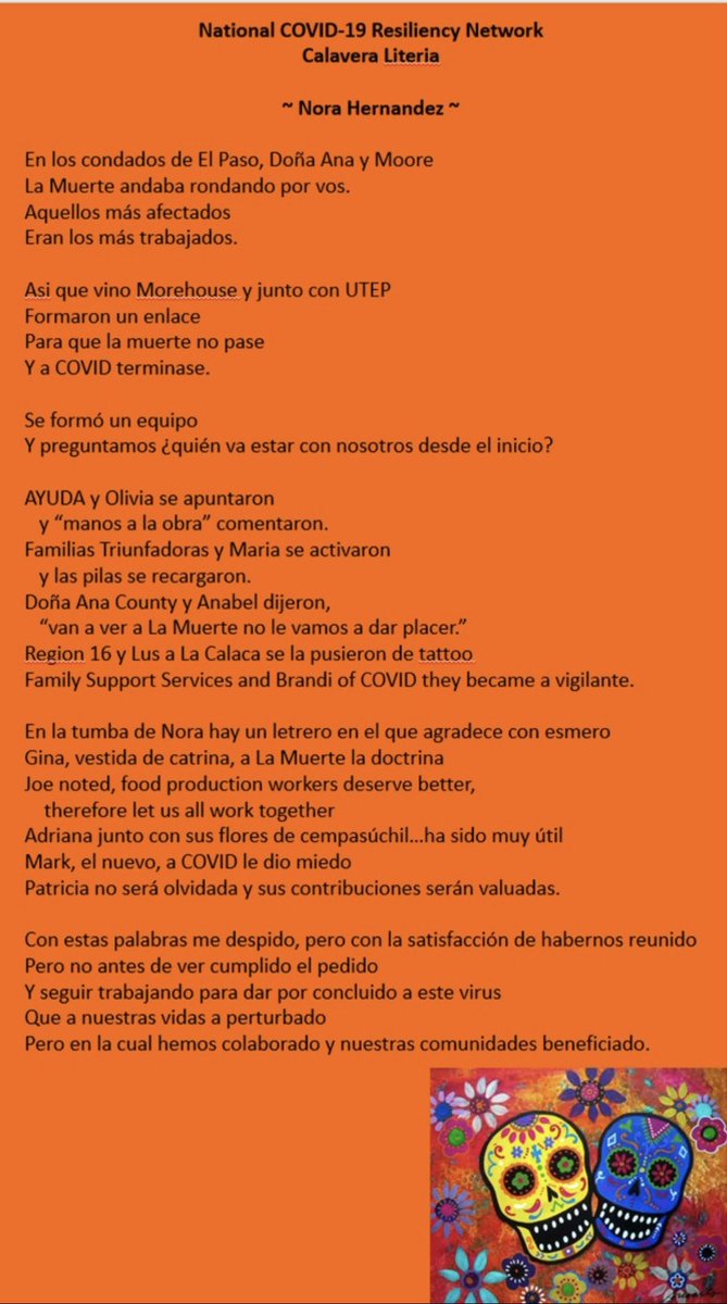 Hernandez5Norah's tweet photo. Feliz Día de los Muertos ~ May we cherish our loved ones’ memories and continue to work together to improve our communities. This calavera literaria is inspired by the work of  @COVID_19Network. Many thanks @DACinformation @Region16ESC @FSSAmarillo, AYUDA &amp; Familias Triunfadoras. https://t.co/OkBOrhyDiV