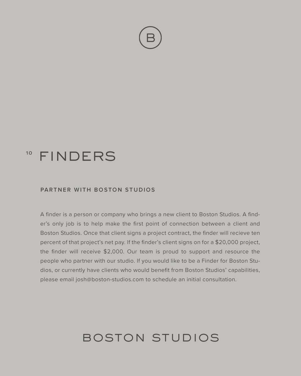 Partner with the studios team, and receive pay —

Our team is always in search of new clients and new work, and as part of that, we are always in search of new finders.

A finder is simply someone who connects perspective clients to our studio. The work that finders do is highl