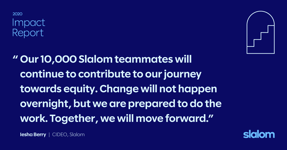 Slalom's tweet photo. In 2020 we had a great responsibility to our people, and we showed up. 
 
As a company, Slalom is forever changed—the ways we work and connect, support each other and stand up against racism. Learn how we're building toward a more equitable future: https://t.co/oCxQipdIB8