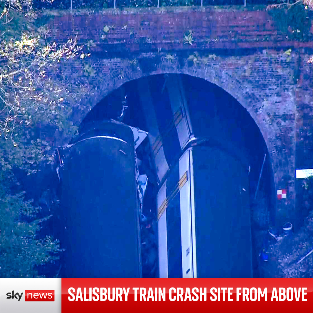 Footage from the Sky News helicopter shows two train carriages on their sides after a collision on Sunday in Salisbury.

Read more here: https://t.co/Q9bOymVdiL https://t.co/gPlgfrUp7U