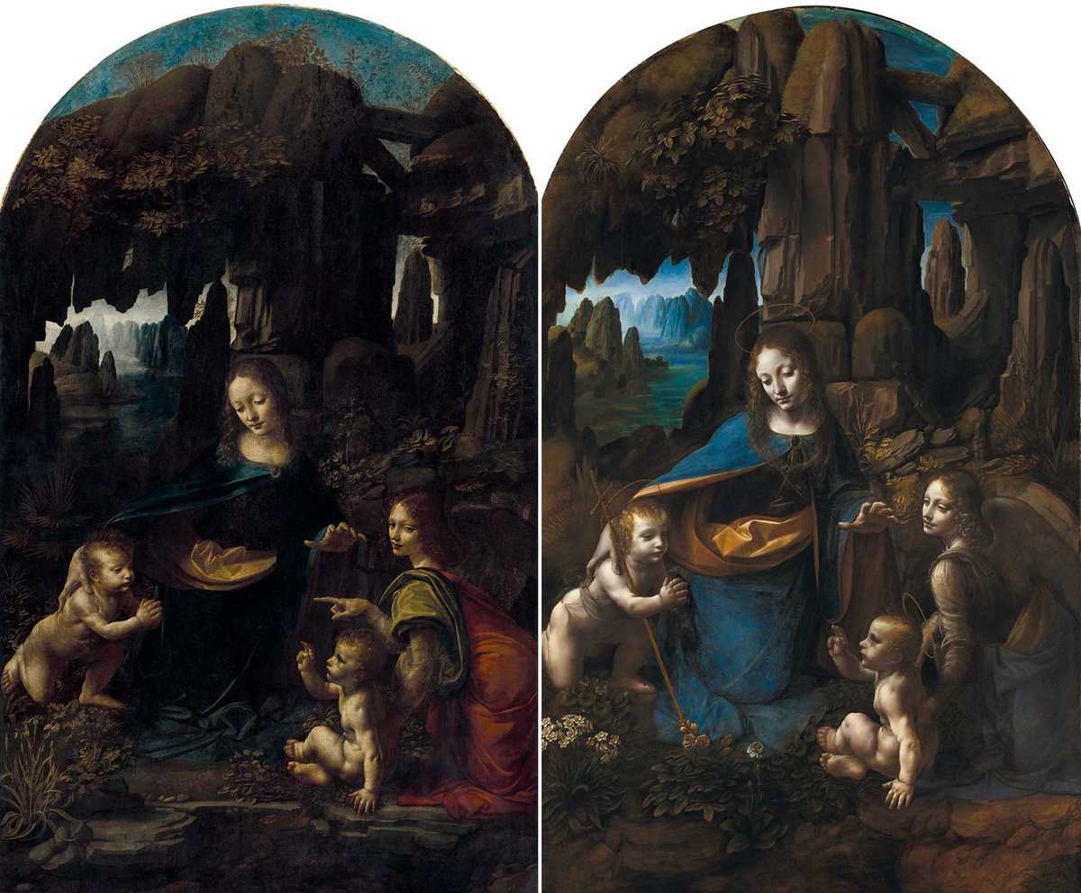 MymsWell's tweet image. Virgin of the Rocks, da Vinci 14th c. Sfumato is the distinct softness of high renaissance paintings. Leo uses it here to show John the Baptist approaching the Christ-child, with Mary overlooking. Two versions of this exist. Spot the differences?
#art #arthisory