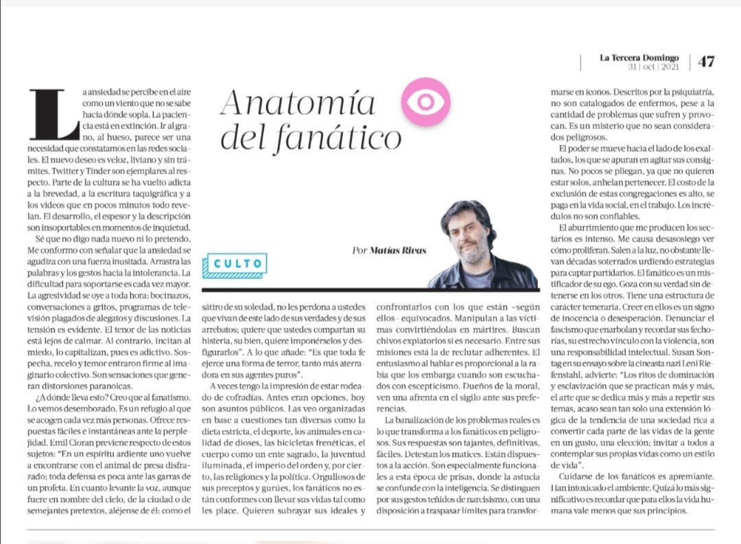 ignaciobriones_'s tweet photo. Recomiendo 2 excelentes columnas, (@pgando y Matías Rivas) relacionadas con el deber de pensar, base de nuestra convivencia y humanidad. La flojera de pensar es hábitat para el eslogan, la moralina, la polarización y, en último término, el fanatismo y los peores horrores humanos. https://t.co/8u5YzGr2Ly