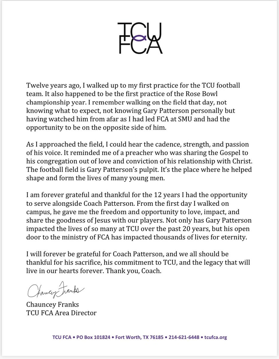 chaunceyfranks's tweet photo. Thank You @TCUCoachP https://t.co/0DuPddRSk1