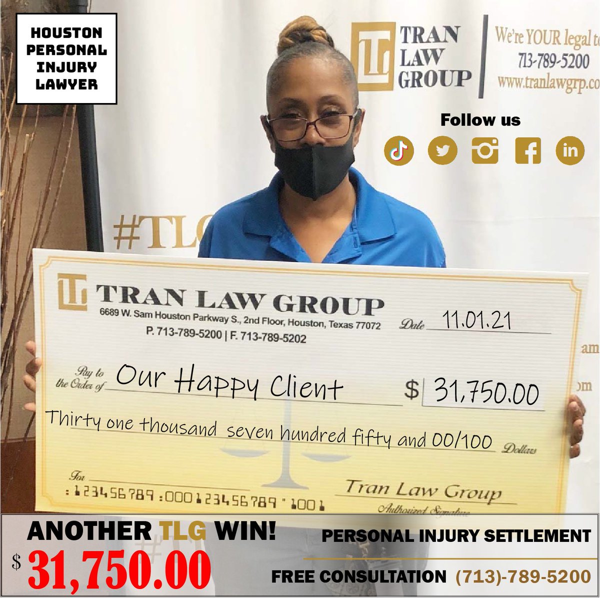 tranlawgrp's tweet image. How was your spooky weekend?🎃
📢It&apos;s another result of TLG! #clientsettlement #clientcheck #totalsettlement #tranlawgroup #tlg 
✨CONGRATULATIONS✨ Our happy client gets a check today!#weareyourlegalteam #weareheretohelpyou #personalinjury #houstonpersonalinjurylawyer