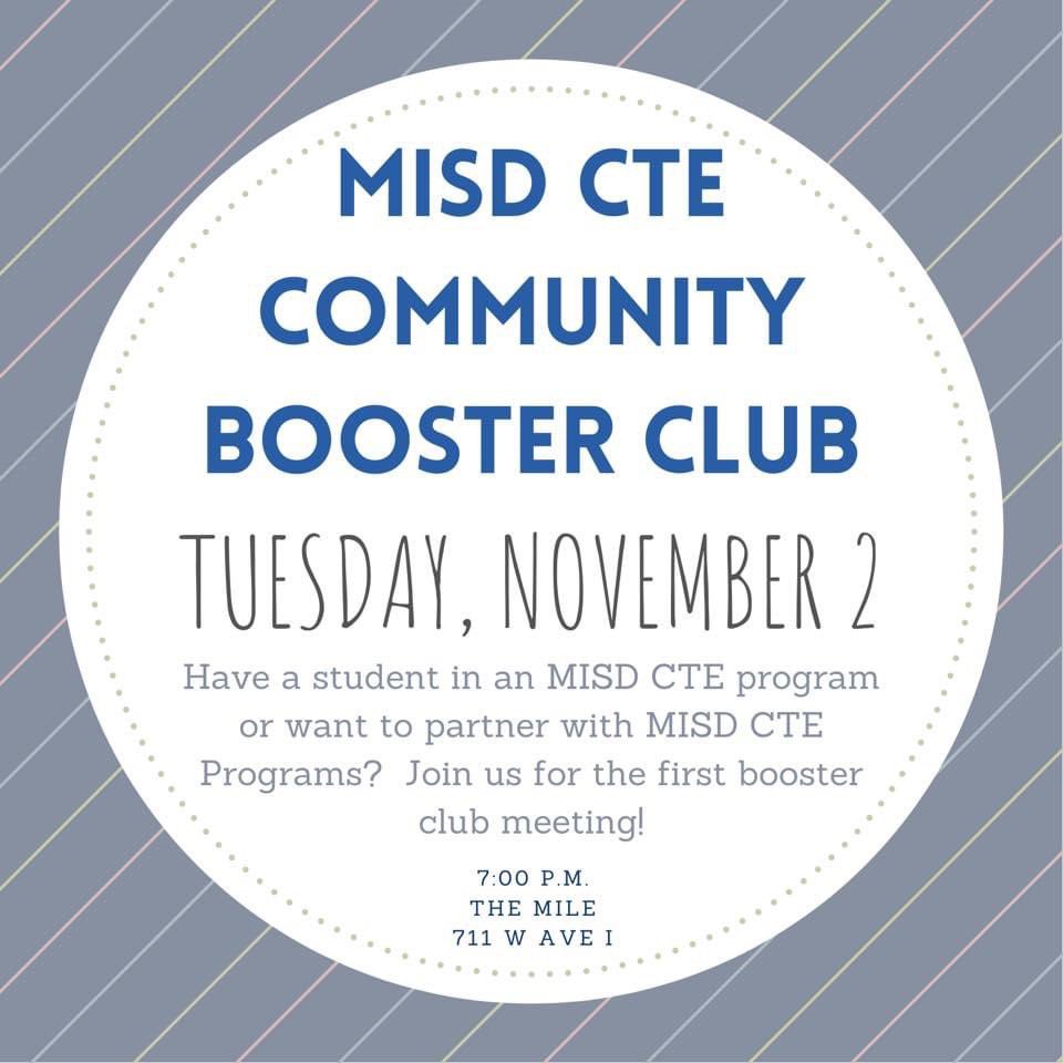 Are you a parent of an MISD CTE student? Are you a community member who wants to get plugged in to creating a hiring pipeline for your industry? Interested in knowing more about MISD CTE? 

Join us for the MISD CTE Community Booster kick-off meeting!
#misdproud #misdmile