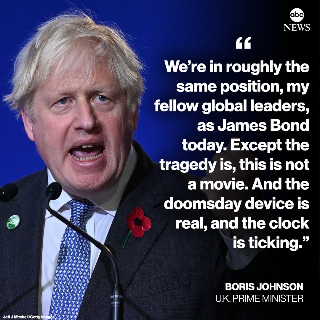 U.K. Prime Minister Boris Johnson started the opening ceremony of COP26 with an analogy to James Bond finding himself strapped to a doomsday device threatening to destroy the world while the spy tries to defuse it. abcn.ws/2ZG6sES