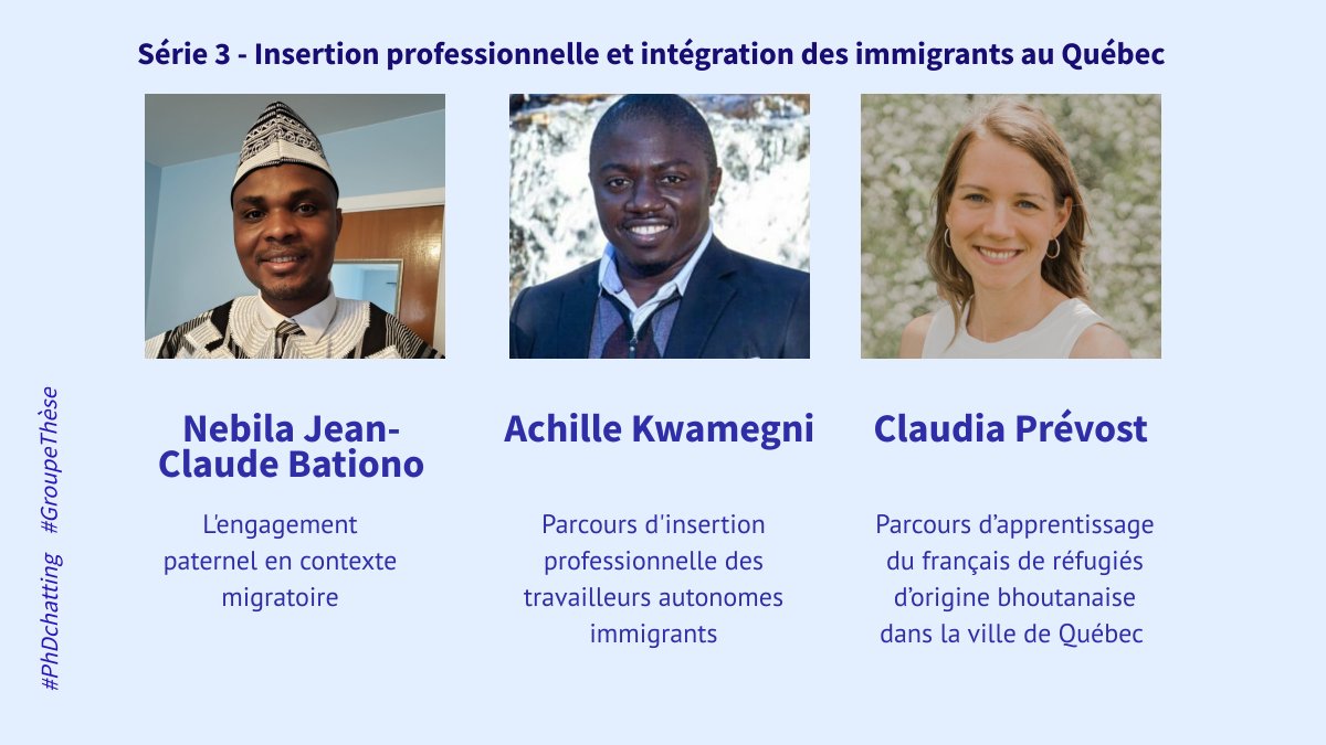 PhDchatting's tweet photo. 📣La 3e causerie de la série 3 sur l'#InsertionProfessionnelle et l'#intégration des #immigrants au Québec est à venir! Restez à l'affût!  #PhDchatting #GroupeThèse #ImmigrationQC https://t.co/gXChev8oxL