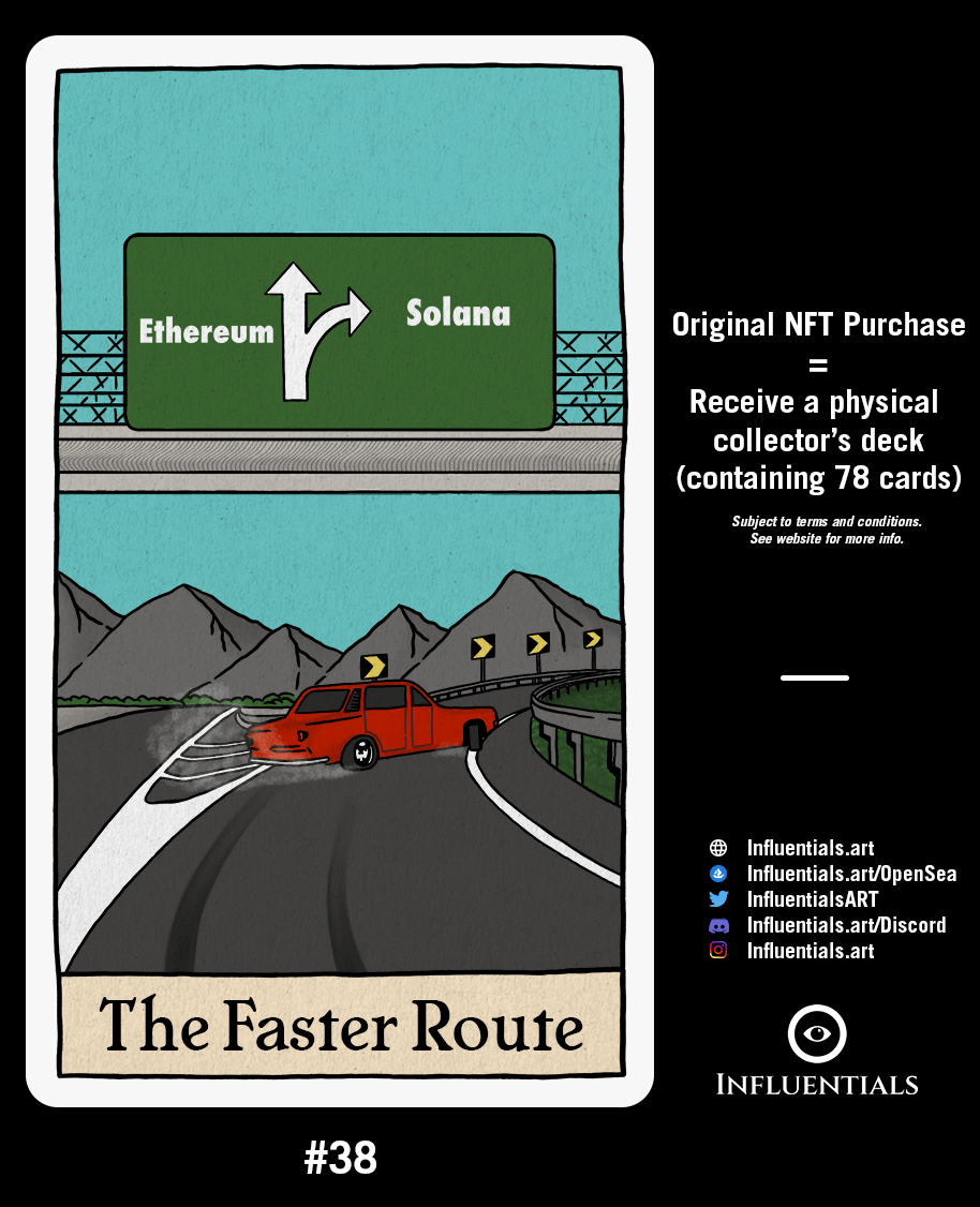 InfluentialsART's tweet photo. 📣New Card

🎴#38 - The Faster Route

🏷️Price: 0.15 ETH (valid for 1 month)

🔥Original purchase / First buyer = free physical tarot deck (78 cards)

🔗https://t.co/tsBt09vzB3

#Influentials #Cryptomemes #tarotcards #nftcollector #NFTs #NFT  #Solana #SOLmemes #Solanamemes #SOL https://t.co/JrWm0N6xLa
