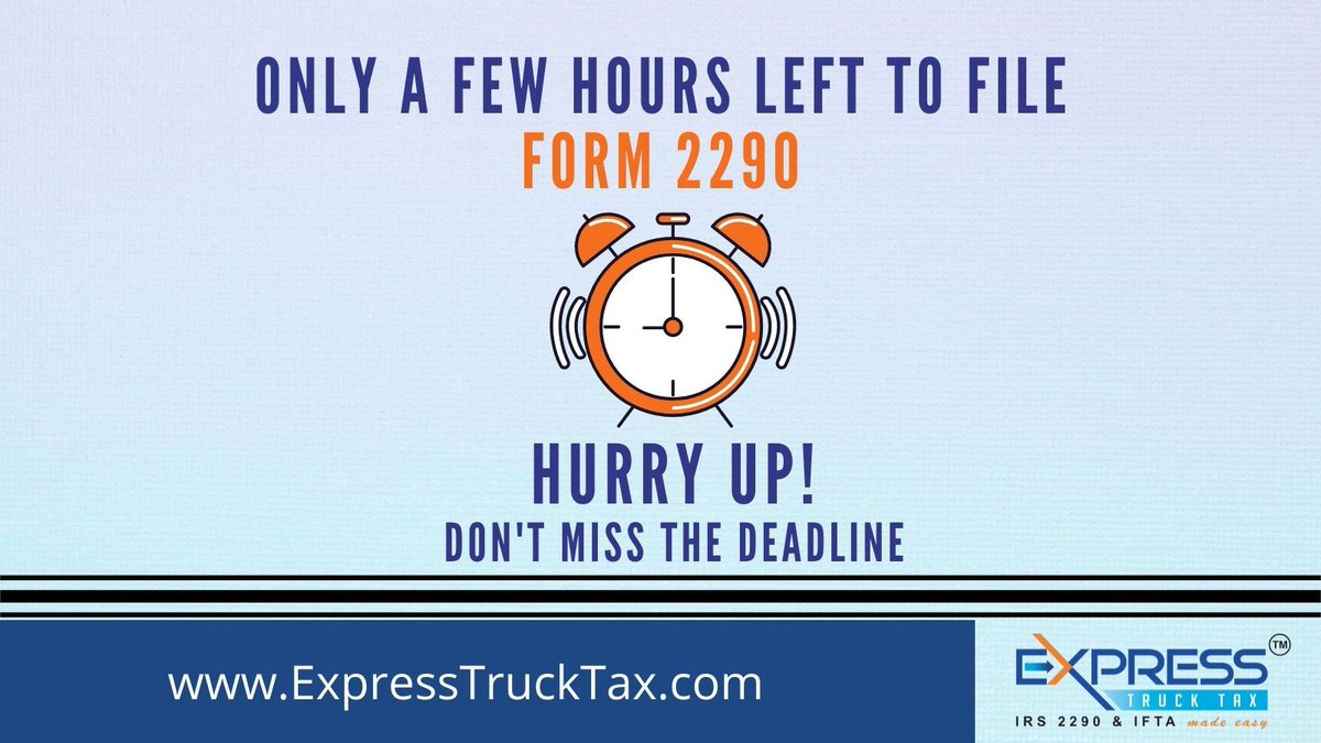 hvut550's tweet photo. ATTENTION!!!
For Truckers, Only a few hours left to file Form 2290!

If your truck has September as First Used Month, then Truck Tax Form 2290 is due on 
November 1, 2021. 

https://t.co/Eq6aIb9AKB is here to make your #Form2290 Filing simpler than ever 

#2290filingsolution https://t.co/mvH4lo9iS6