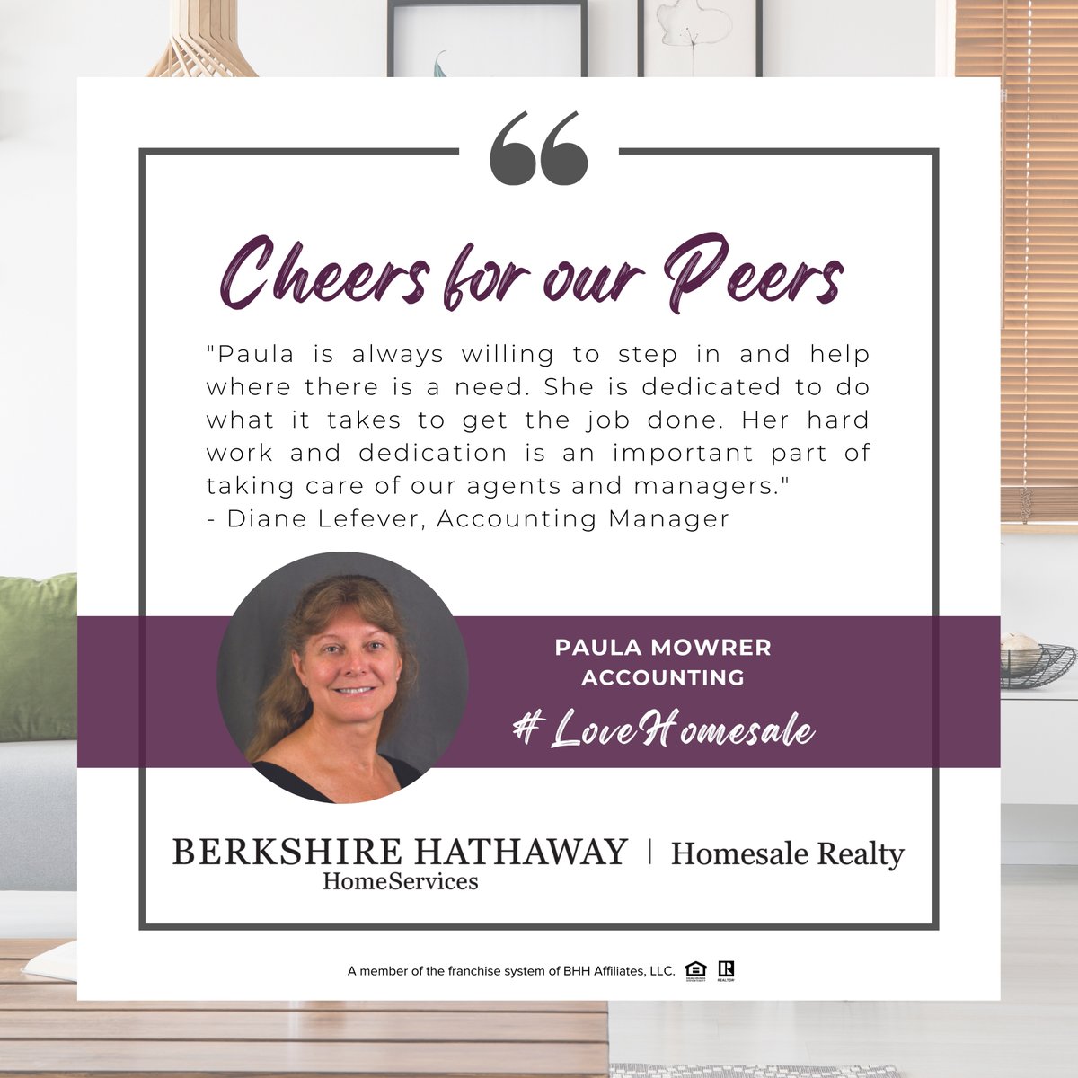 HomesaleRE's tweet photo. Three cheers for our peer Paula Mowrer! Paula is truly a team player and embodies the spirit of the #HomesaleFamily. Thanks for being amazing, Paula! #berkshirehathawayhomeservices #homesalerealty #cheersforourpeers #lovehomesale https://t.co/7uRLIMAau2