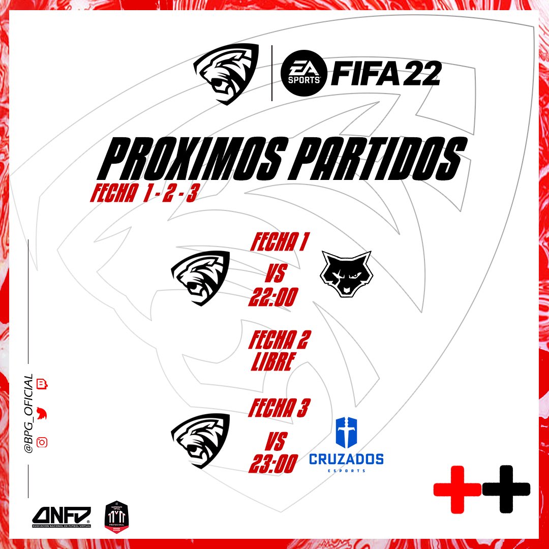 MATCHDAY • FIFA22 

Debut de nuestro equipo en la nueva temporada de <a href="/anfv_chile/">ANFV CHILE</a> 1ra División. 

22:00HRS VS Black Wolves Esport
22:30HRS LIBRE
23:00HRS VS <a href="/cruzadosesports/">Cruzados Esports</a> 

Vamos que esta noche empezamos nuestra camino hacia el título. 

#GOBPG