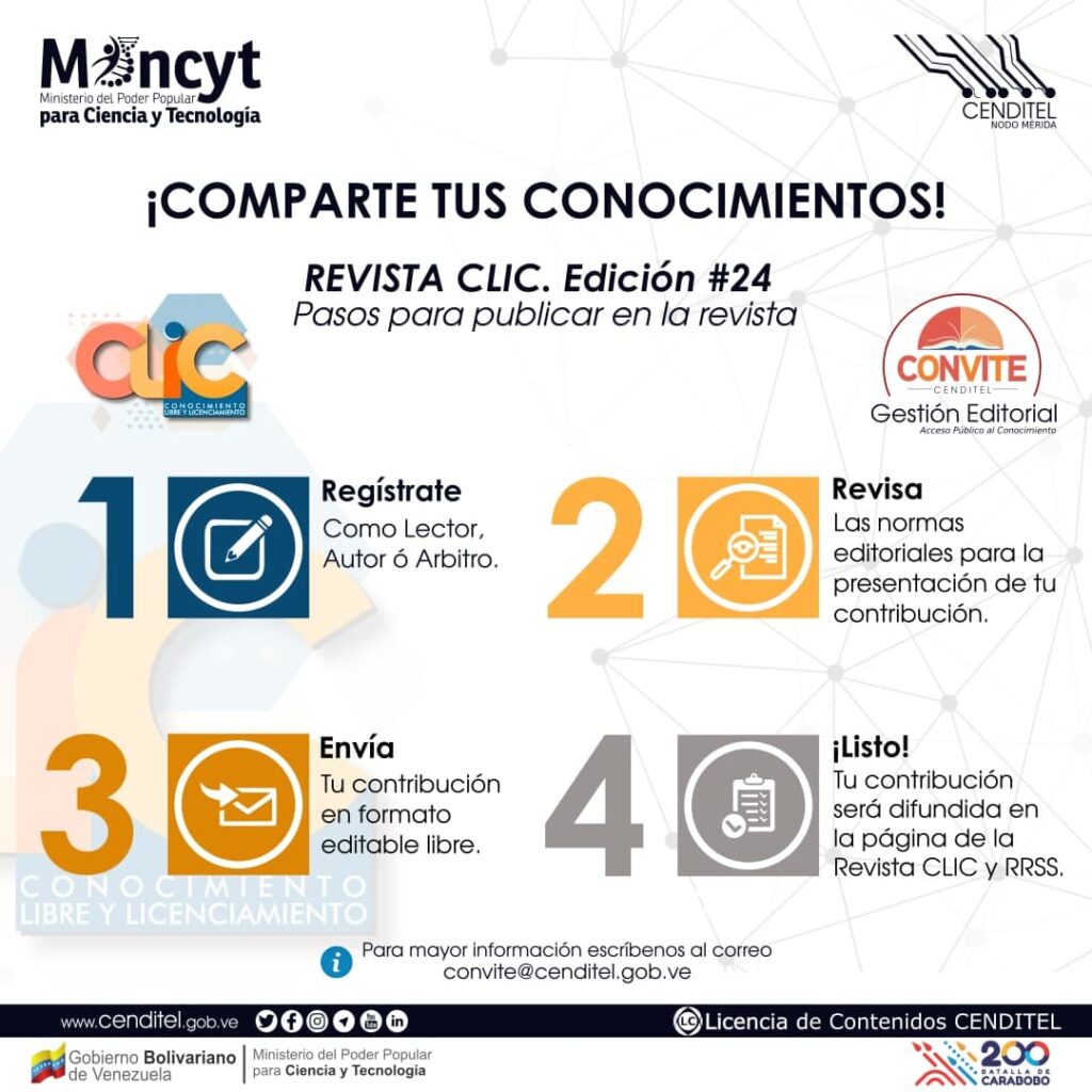 RevCLIC's tweet image. La Revista CLIC está alojada en una plataforma #OpenJournalSystems que permite el acceso sin restricciones a todos los contenidos.

¿Ya la conoces? Crea tu cuenta y envía tu trabajo a publicación!

Visita: convite.cenditel.gob.ve/revistaclic/in…

#ConocimientoLibre #AccesoAbierto