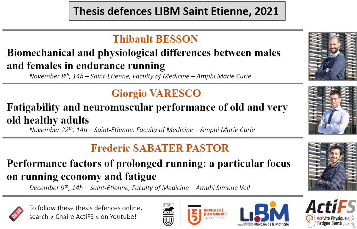 ThibaultBesson (@thibault_besson) on Twitter photo Pleased to announce my thesis defence on Nov. 8th at 2pm 🏃🏽♀️🏃🏽♂️
Follow the defence in person or online on the <a href="/chaire_ActiFS/">ActiFS</a> youtube channel. More info below👇🏽
Stay tuned for the defence of <a href="/FredericSPast/">Frederic Sabater Pastor</a> & <a href="/GiorgioVaresco/">Giorgio Varesco</a> soon!
<a href="/kinesiologui/">Guillaume Millet</a> <a href="/JrossiUJM/">J rossi</a> <a href="/CedricMorio/">Cédric Morio</a> <a href="/LIBM_lab/">LIBM</a> Pleased to announce my thesis defence on Nov. 8th at 2pm 🏃🏽♀️🏃🏽♂️
Follow the defence in person or online on the <a href="/chaire_ActiFS/">ActiFS</a> youtube channel. More info below👇🏽
Stay tuned for the defence of <a href="/FredericSPast/">Frederic Sabater Pastor</a> & <a href="/GiorgioVaresco/">Giorgio Varesco</a> soon!
<a href="/kinesiologui/">Guillaume Millet</a> <a href="/JrossiUJM/">J rossi</a> <a href="/CedricMorio/">Cédric Morio</a> <a href="/LIBM_lab/">LIBM</a>