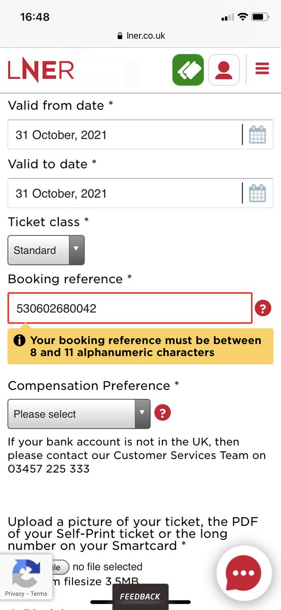 sdpwebster's tweet photo. @thetrainline Trying to claim compensation for a delayed @LNER They require a booking reference but the transaction ID (the only reference number in the confirmation email) isn’t recognised. Any tips? Thanks. https://t.co/EIjREzftFC