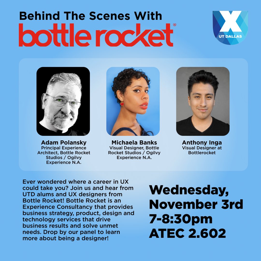 Happy Monday! Drop by our panel on Wednesday to hear from UTD alumni and UX designers from Bottle Rocket!

Fun fact: Bottle Rocket designed the  chick fil-a app that we all use so much! 

🕧 Wednesday, November 3rd 
⏰ 7 pm 
📍ATEC 2.602
