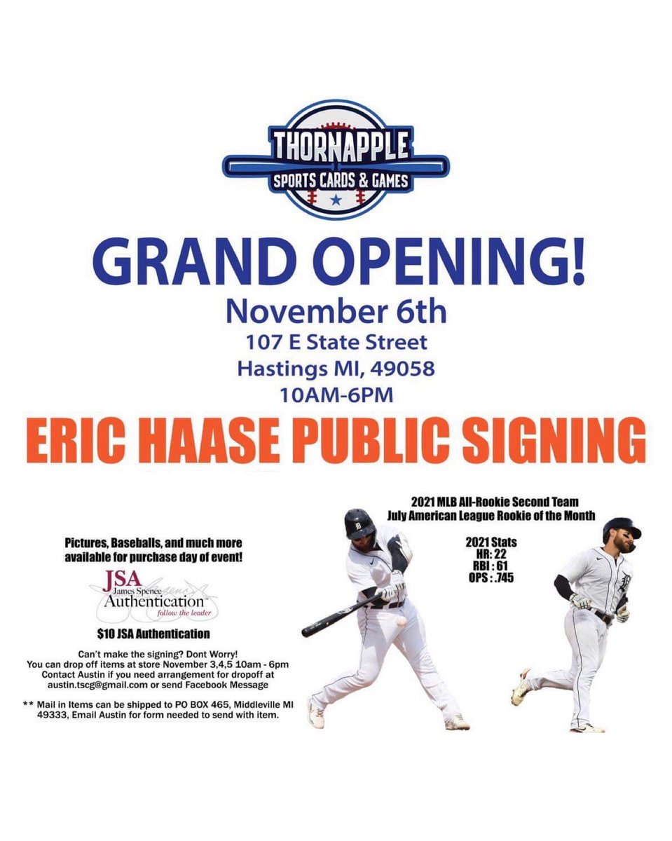 Hey #Tigers fans! I’ll be at Thornapple Sports Cards and Games in Hastings, MI from 12-2pm on Saturday, November 6 for their Grand Opening. Looking forward to seeing our Tigers fans in Western Michigan soon!
