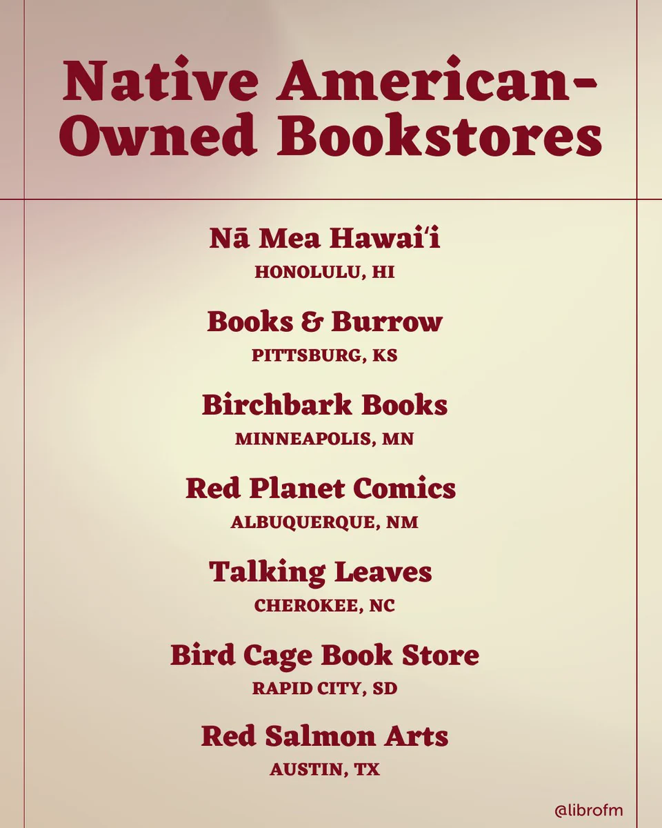 Graphic that reads Native American-owned bookstores and lists 6 bookstores in the USA: Na Mea Hawaii, Books & Burrow, Birchbark Books, Red Planet Comics, Talking Leaves, Bird Cage Book Store, and Red Salmon Arts.⁠
