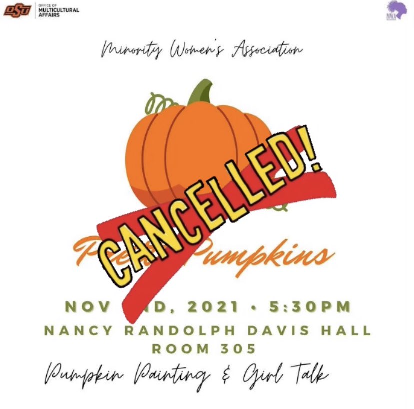 MWA_OSU's tweet photo. Hello everyone! Due to circumstances, our Pretty Pumpkins event has been cancelled! Stay on the look out for our next event in the near future! 💜🤍 https://t.co/IkqBCH4VkZ