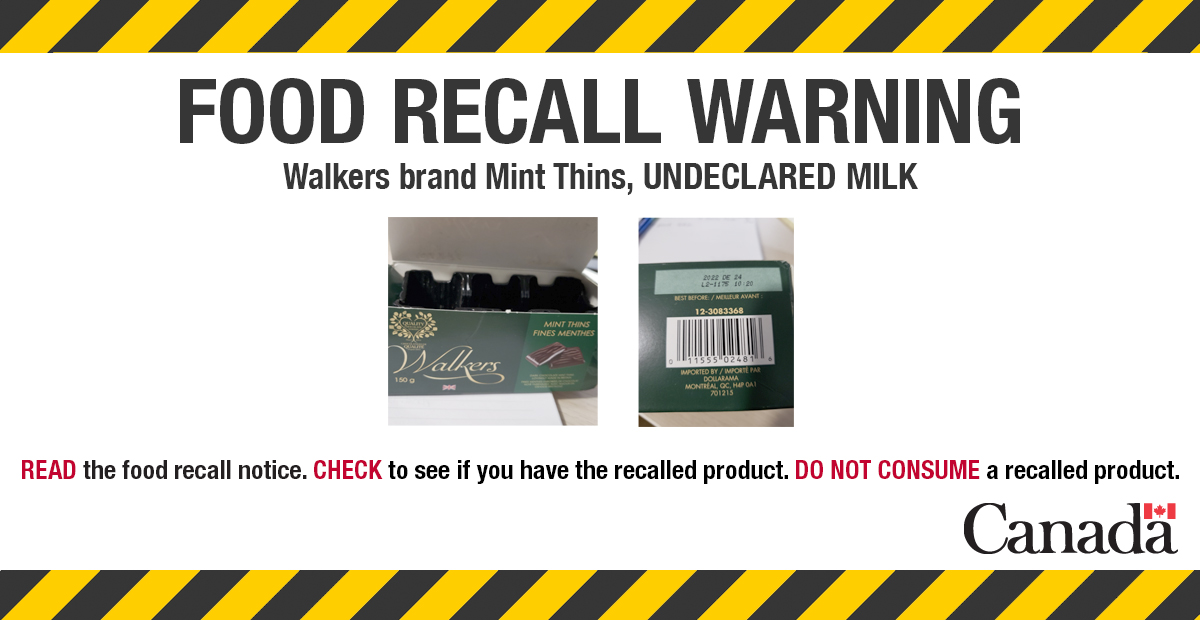 Dollarama S.E.C /L.P is recalling Walkers brand Mint Thins because they may contain milk which is not declared on the label. More info here: bit.ly/3mwwkMv